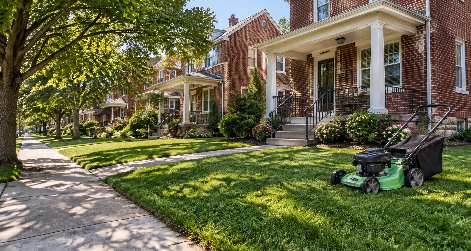 Freshly mowed lawn, neatly edged sidewalk and a push mower outside Baltimore brick homes